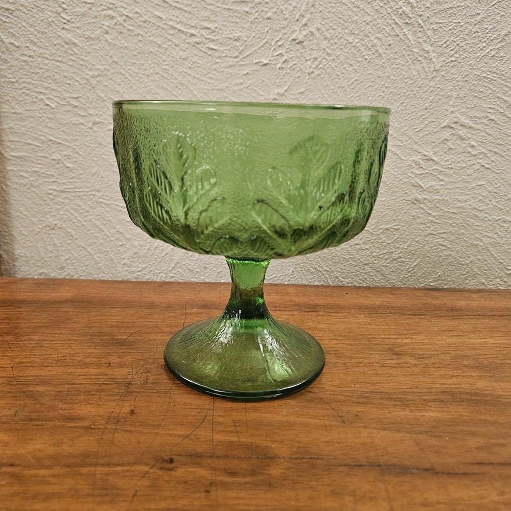 Vintage FTD‎ 1978 Avocado Green Glass Pedestal Compote Dish with Oak Leaf Design
